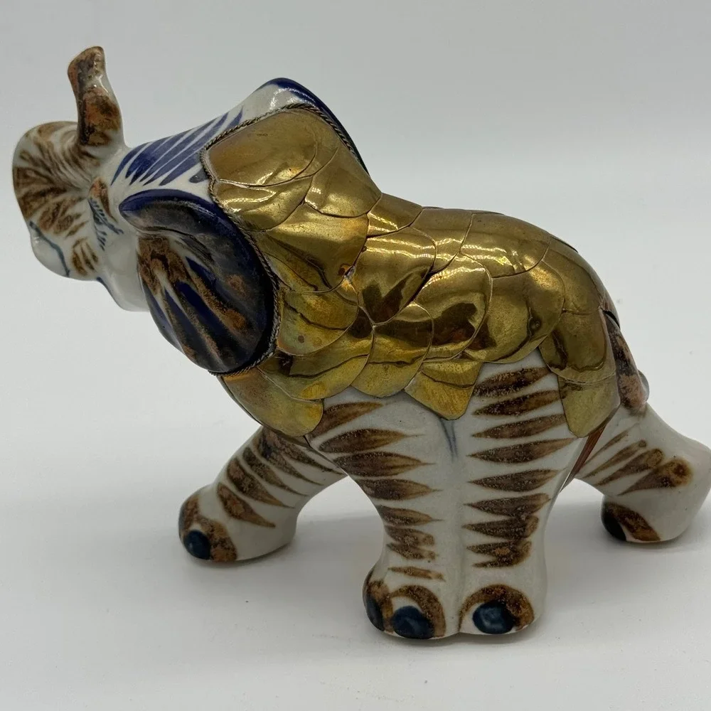 Vtg Tonala Mexico Brass Armored Elephant Figurine Ceramic Mixed Media Folk Art